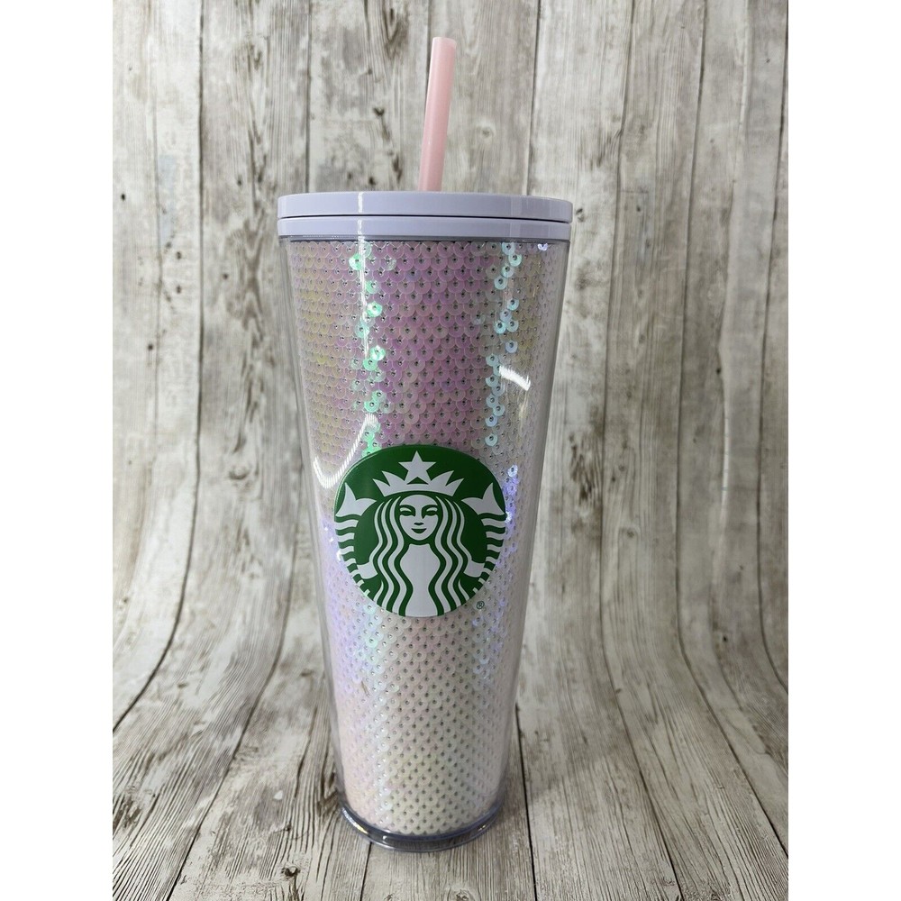 NEW!! Starbucks Cup Holiday 2020 Pink White Sequin Plastic Cold Tumbler 24oz
